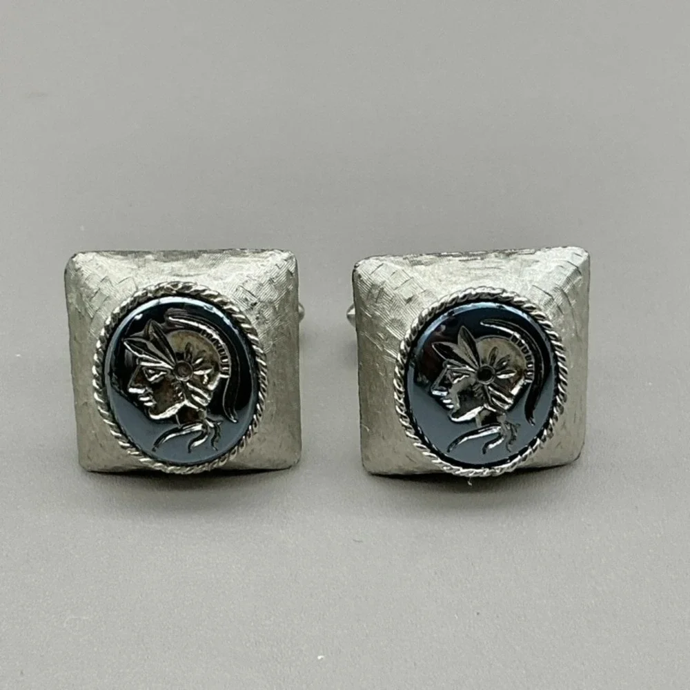 SWANK Vintage Roman Warrior Black Cameo Silver Tone Mens Cufflinks